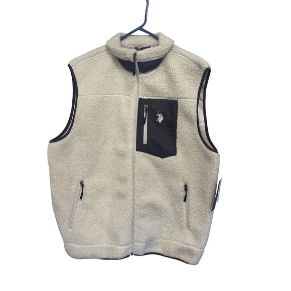 U.S. Polo Assn. Sherpa Fleece Vest XL Beige Contrast Pocket & Zipper Accents - Picture 1 of 5